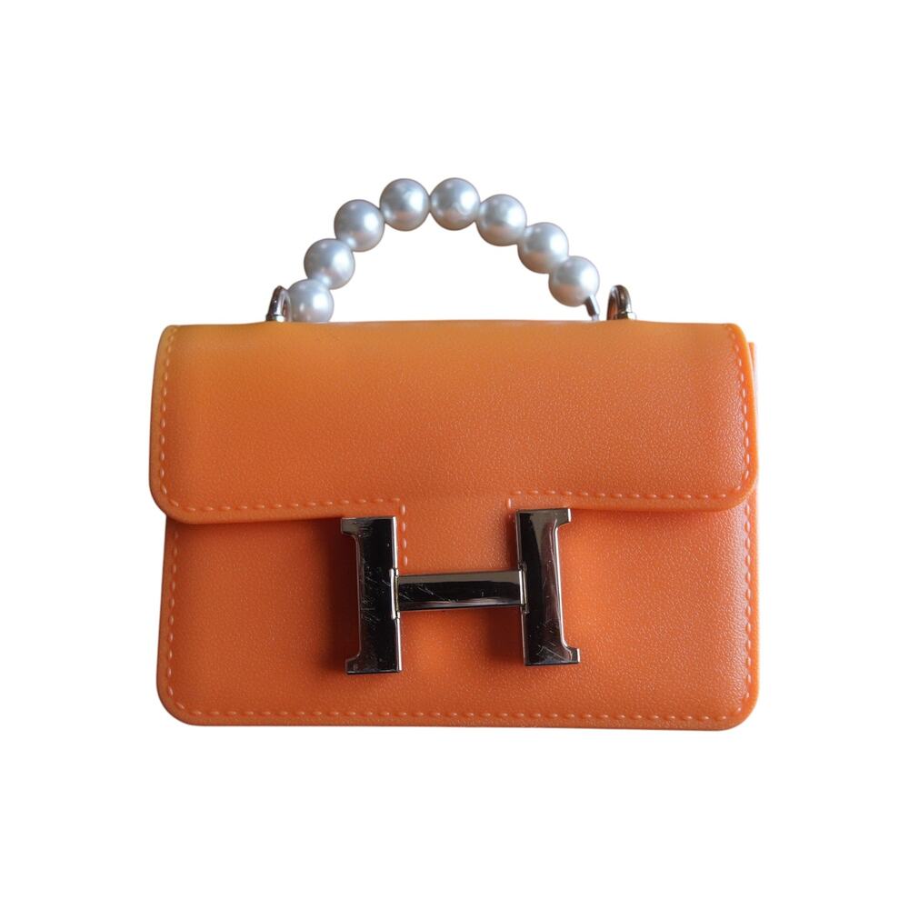 Girls Orange Mini Handbag Pearl Handle H Buckle Plastic Toy Purse - Picture 3 of 9